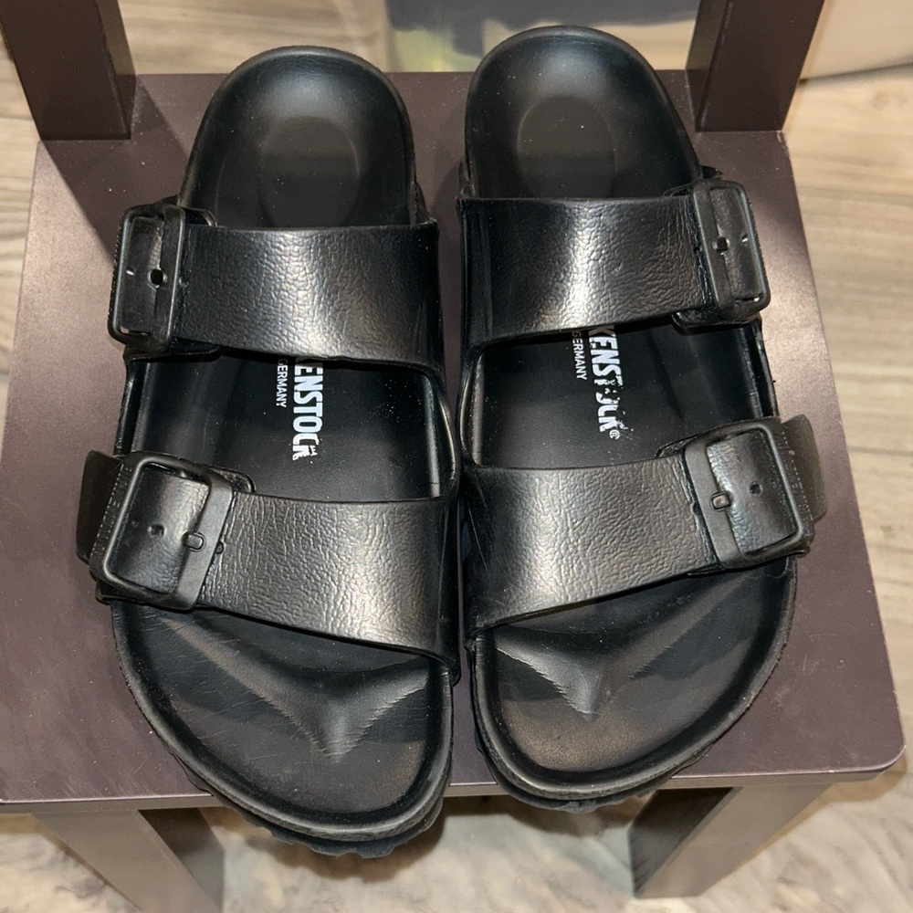 Birkenstock Arizona Sandals Black Leather Double Strap Size 38 EU 7-7.5 US - Picture 3 of 8